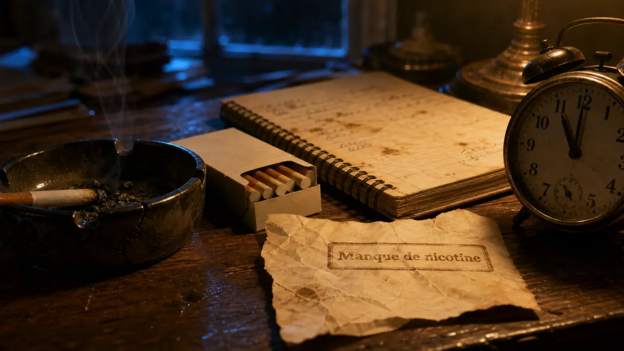 Durée sevrage tabagique sans substitut : manque de nicotine, cendrier et horloge
