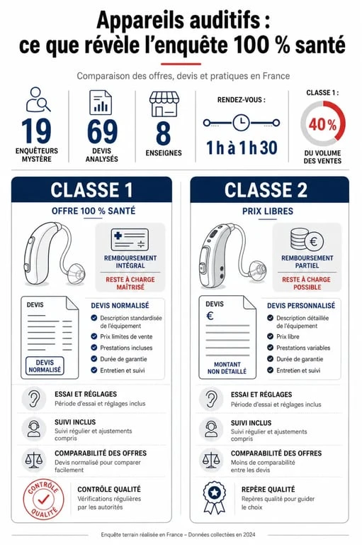 Appareil auditif 60 millions consommateur : infographie comparative classe 1 et classe 2 avec remboursement et chiffres clés