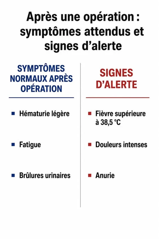 Infographie des symptômes normaux et signes d'alerte après une opération de calcul rénal