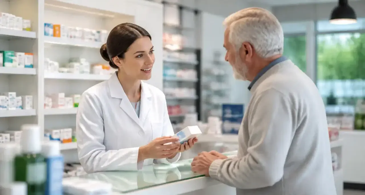 Conseil personnalisé à une personne âgée au comptoir de l'officine