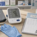 Prise de tension pharmacie : tensiomètre et carnet pour repères 140/90 mmHg