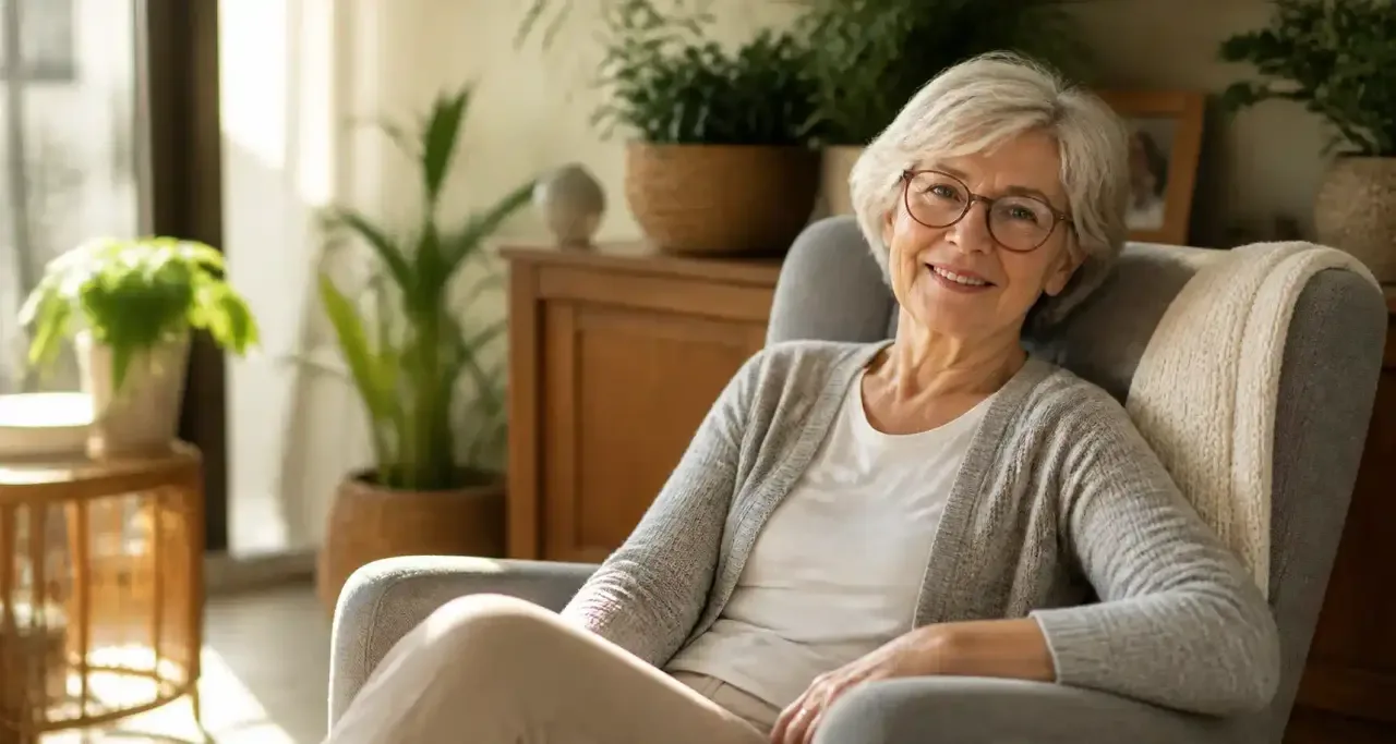 Personne âgée souriante profitant de son autonomie à son domicile