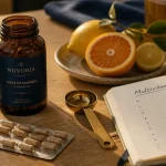 Complément alimentaire multivitamines : flacon et gélules sur table en bois