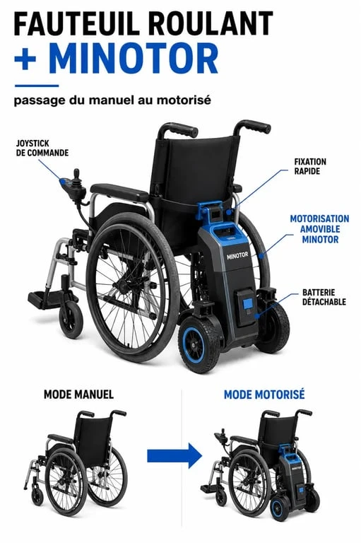 Minotor fauteuil roulant : schéma du système de motorisation amovible sur fauteuil manuel