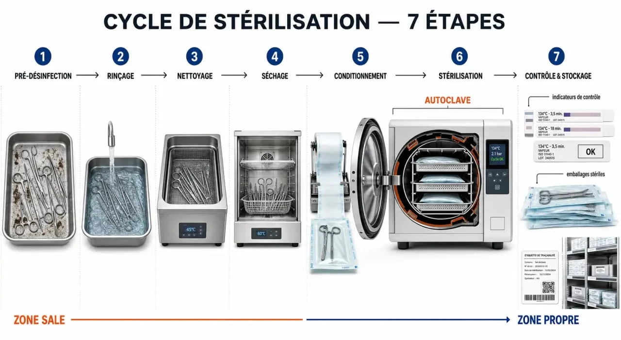 Stérilisation matériel médical : schéma éditorial du cycle de retraitement avec autoclave et étapes de contrôle