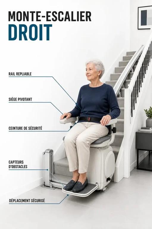 Monte escalier droit installé dans un escalier intérieur avec sécurité et siège pivotant