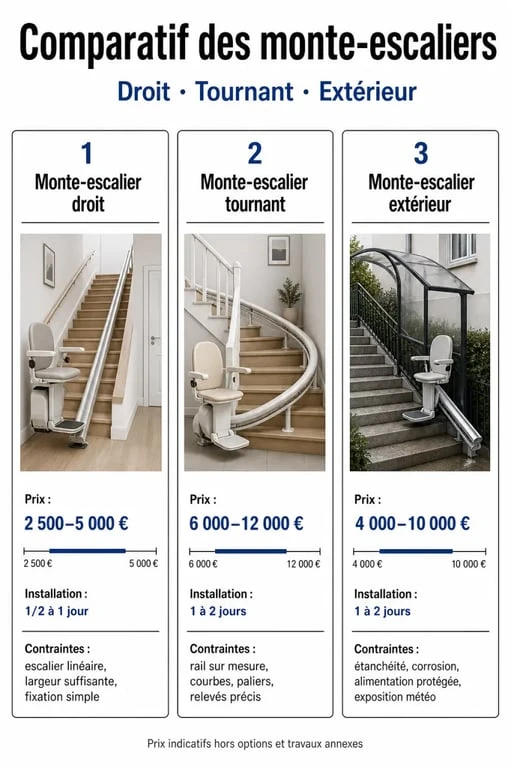Comparatif monte escalier droit, tournant et extérieur avec prix et contraintes