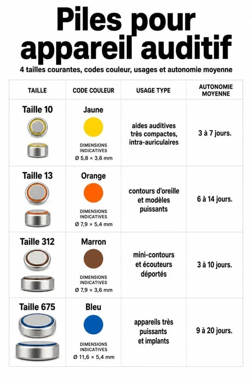 Piles pour appareil auditif : infographie des tailles 10, 13, 312 et 675