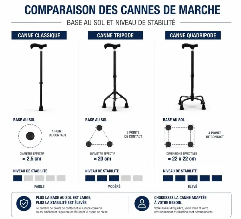 Comparatif visuel des types de cannes : classique, tripode et quadripode pour le choix d'une canne à 3 pieds matériel médical