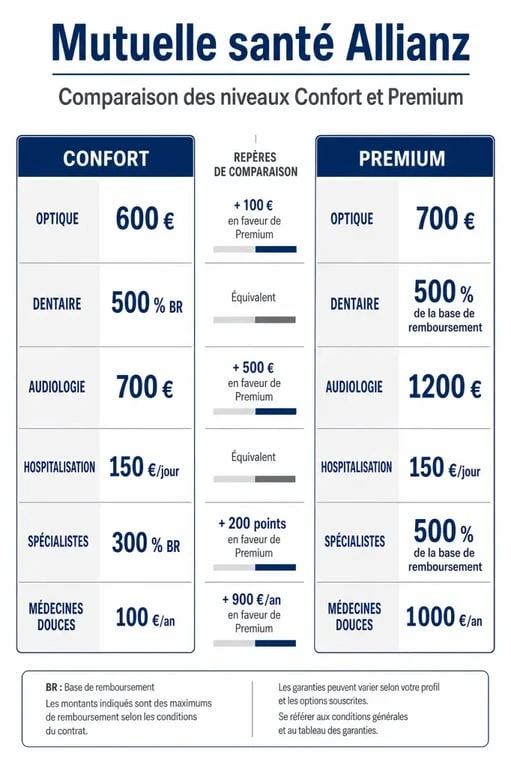 Infographie sur la mutuelle santé Allianz avec comparaison des formules Confort et Premium et leurs principaux remboursements