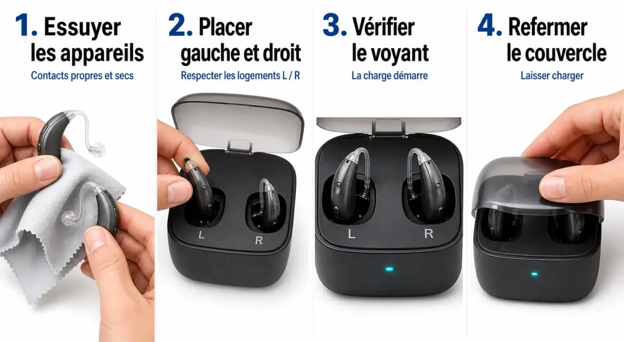 Étapes d’utilisation d’un chargeur appareil auditif au quotidien