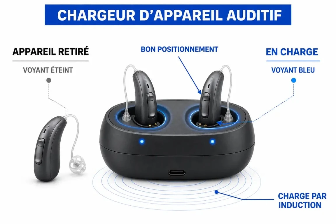 Schéma explicatif d’un chargeur appareil auditif par induction avec aides auditives dans le socle