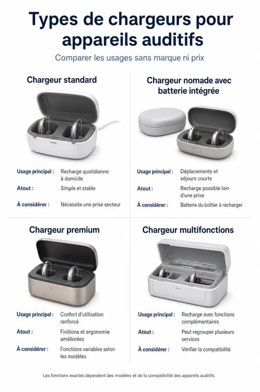 Comparatif des types de chargeur appareil auditif standard, nomade, premium et multifonctions