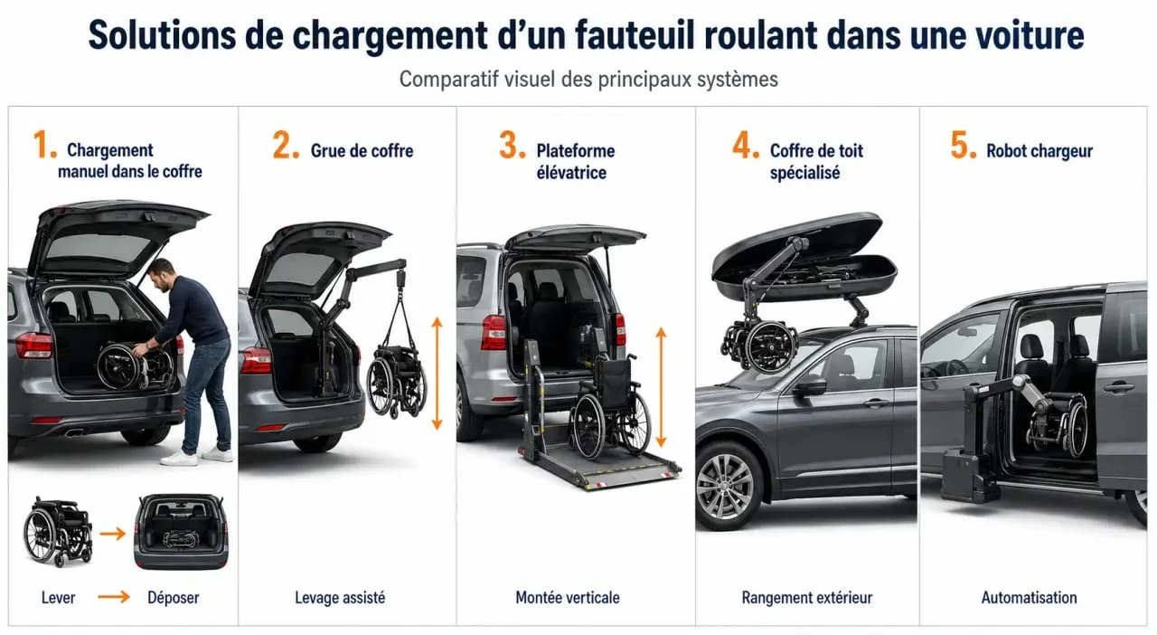 fauteuil roulant voiture : schéma des solutions de chargement manuel, grue de coffre et rampe