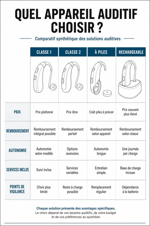 Comparatif appareil auditif nolva avis entre classe 1, classe 2, appareils à piles et rechargeables