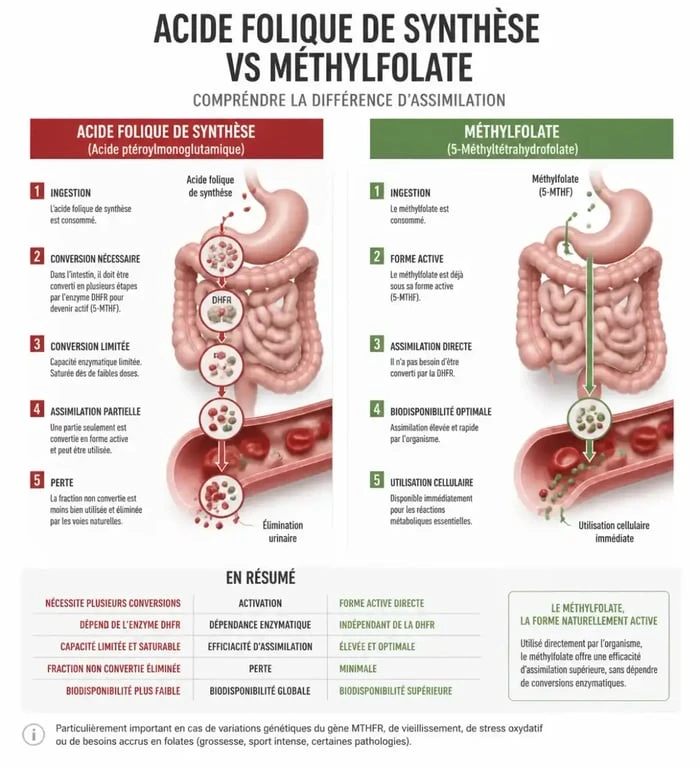 Comparaison assimilation acide folique et méthylfolate dans un complément alimentaire multivitamines