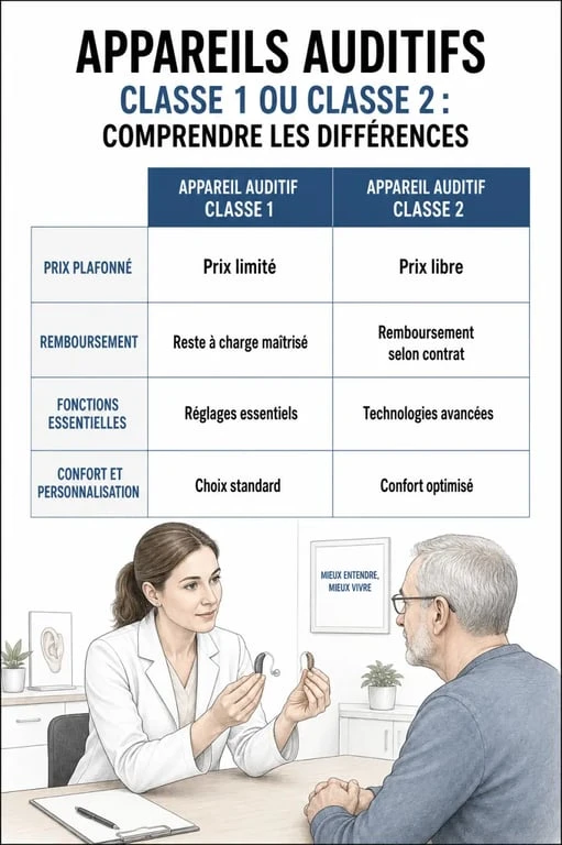 Comparatif appareil auditif classe 1 et classe 2 sur le prix, le remboursement et les fonctions clés