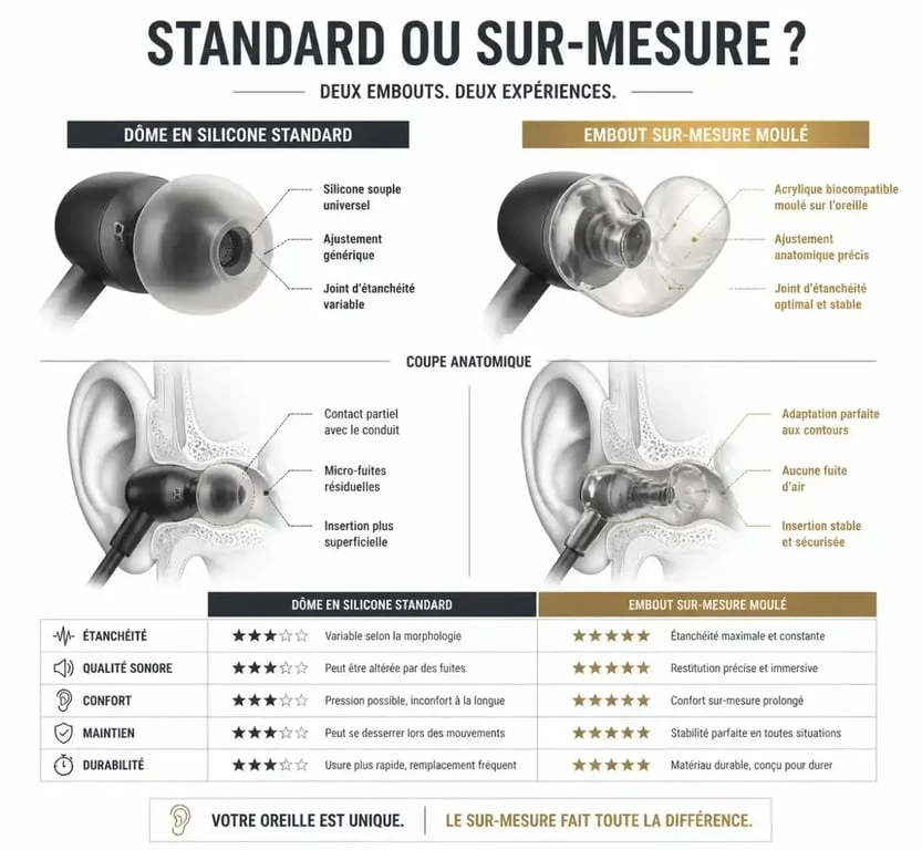Comparaison entre un dôme standard et un embout sur-mesure pour appareil auditif