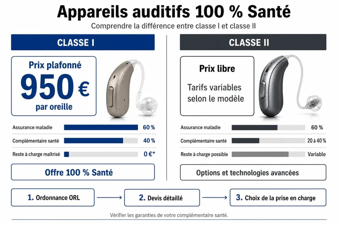 Appareil auditif 100 santé : comparaison classe I et classe II, remboursement et parcours de prise en charge