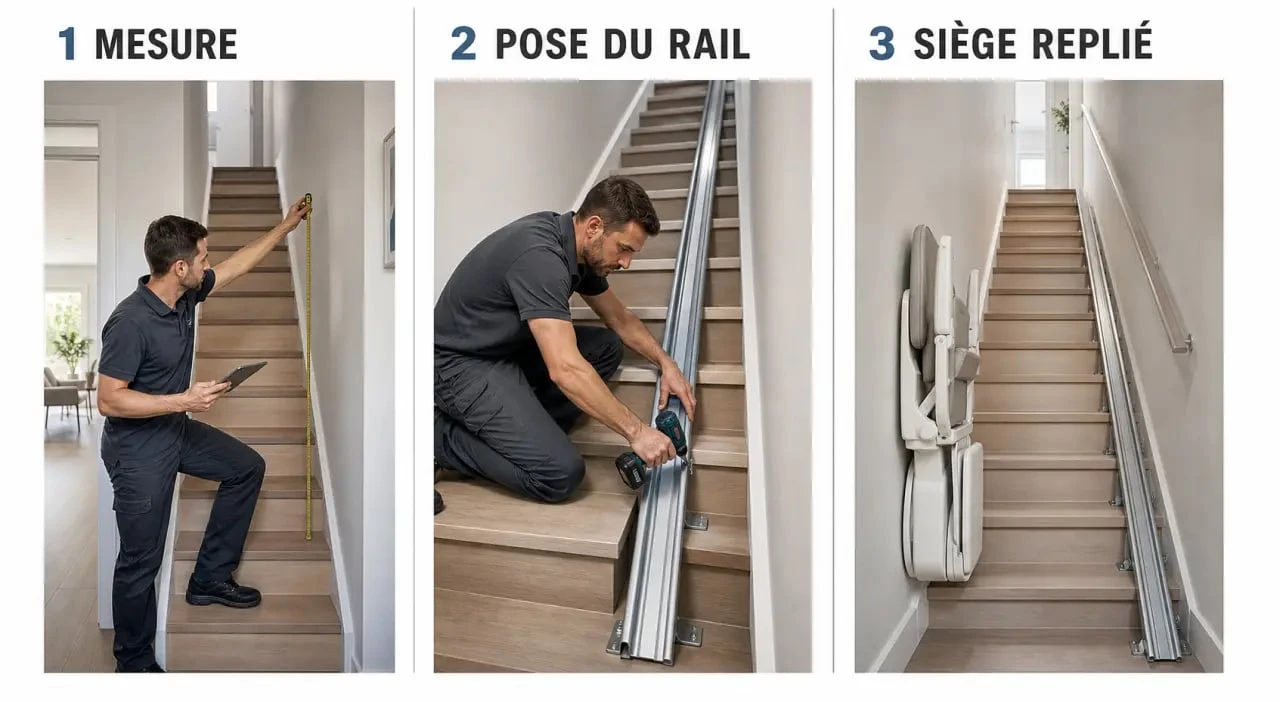 monte escalier flowlift compact installation dans un escalier droit étroit avec technicien et rail posé