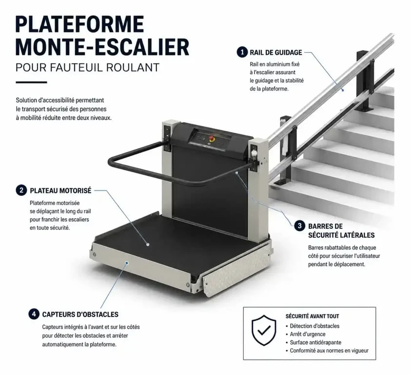 Schéma explicatif du fonctionnement d'une plateforme monte-escalier pour fauteuil roulant