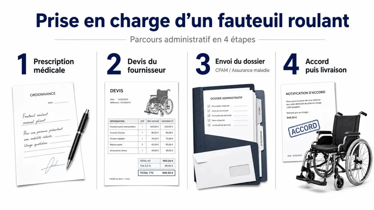 Prise en charge fauteuil roulant : parcours de demande en quatre étapes avec prescription, devis, CPAM et livraison