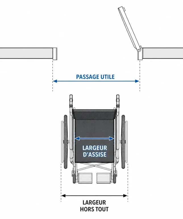 Largeur fauteuil roulant : schéma des mesures d’assise, hors tout et passage utile d’une porte