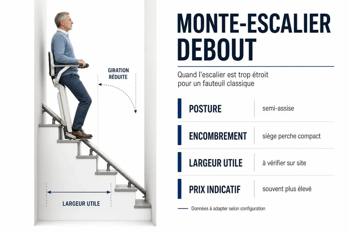 Monte escalier debout en infographie comparative sur la posture, l’encombrement et le prix