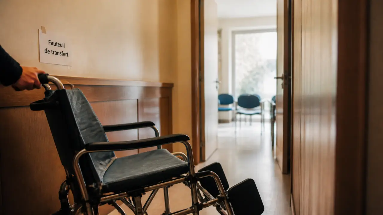 Fauteuil roulant de transfert pliable, léger et sûr, dans un couloir