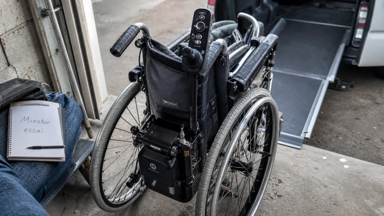 Minotor fauteuil roulant : motorisation amovible sur fauteuil plié, mode manuel conservé