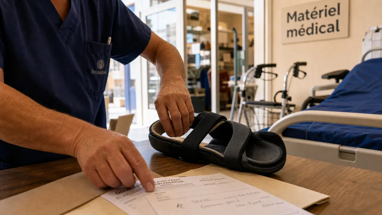 Mouysset matériel médical Toulon : professionnel ajuste une attelle en boutique