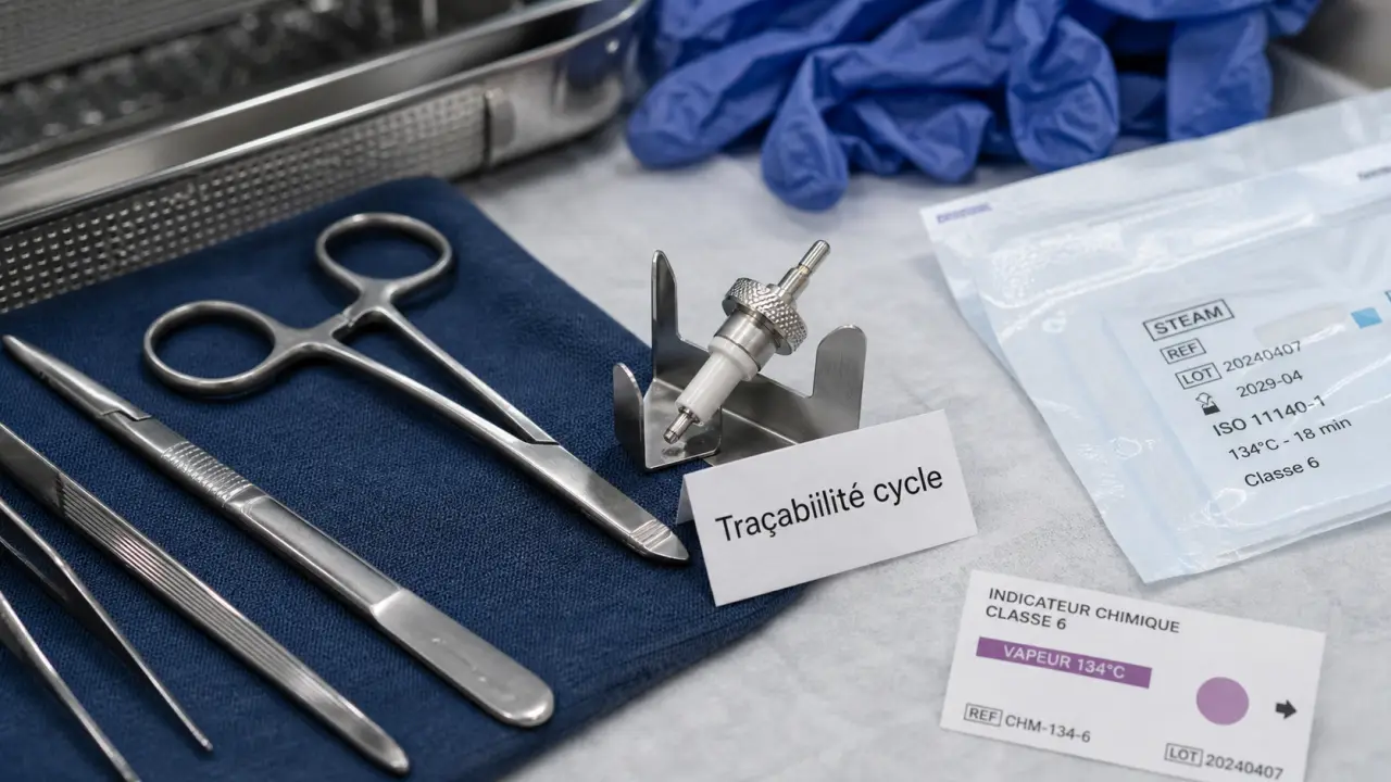 Stérilisation matériel médical : instruments en autoclave, sachets et indicateur chimique