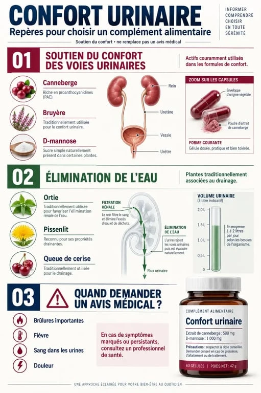 Complément alimentaire confort urinaire : actifs, drainage et signes nécessitant un avis médical