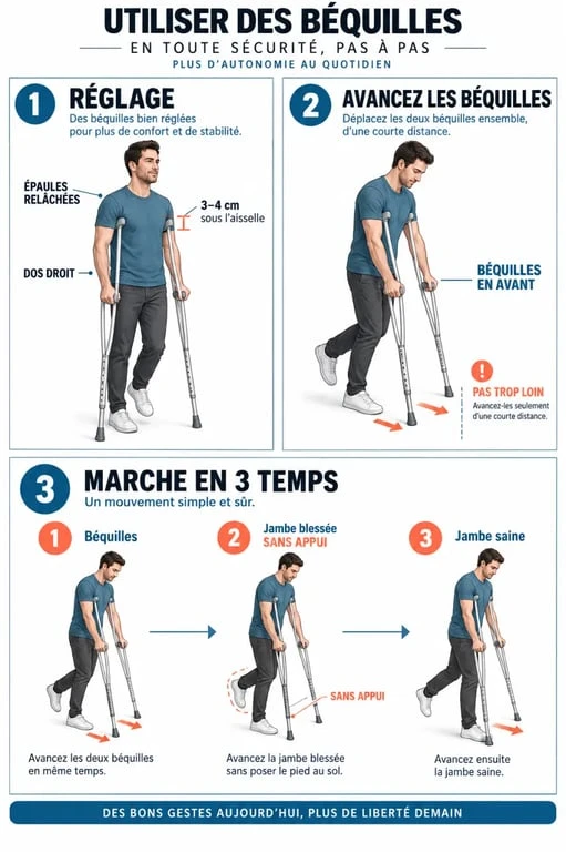 Comment marcher avec des béquilles : réglage, posture et séquence des mouvements