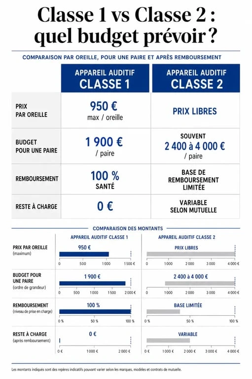 Appareil auditif prix : comparaison visuelle entre classe 1 et classe 2