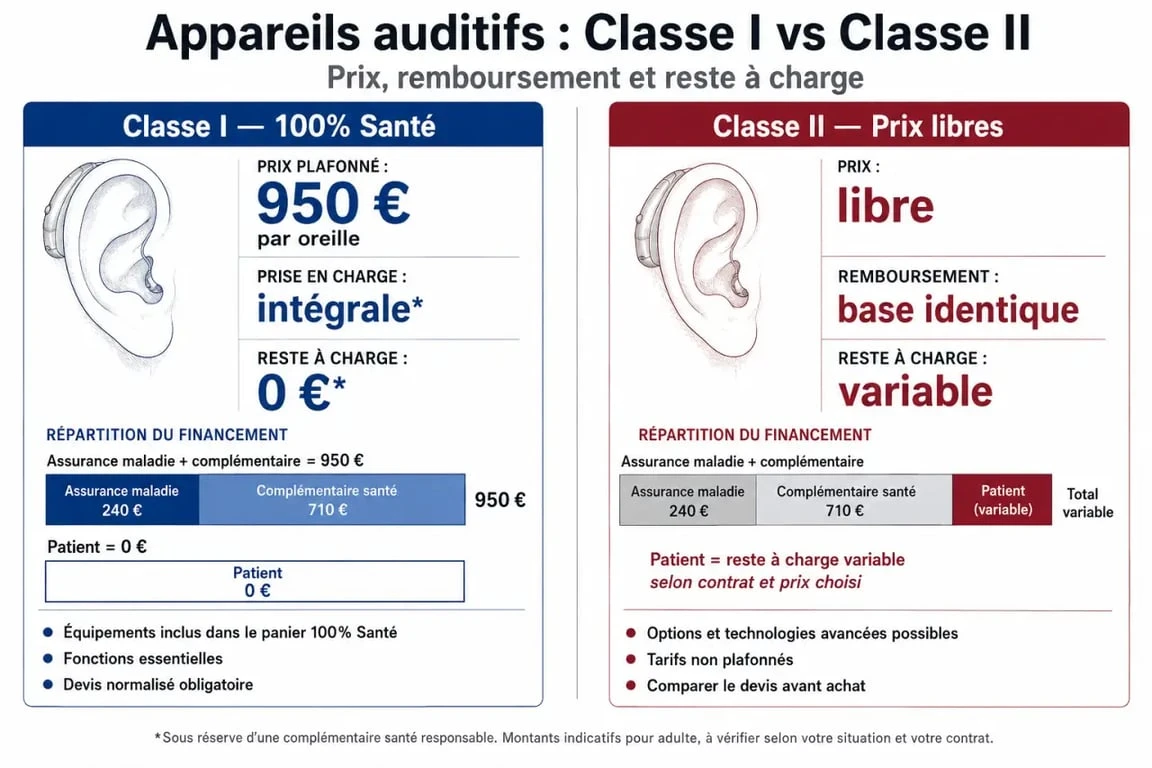 Comparatif visuel Classe I et Classe II pour appareil auditif senior