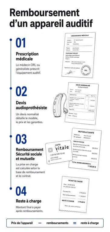 Infographie des étapes pour obtenir une aide pour appareil auditif pour les retraités