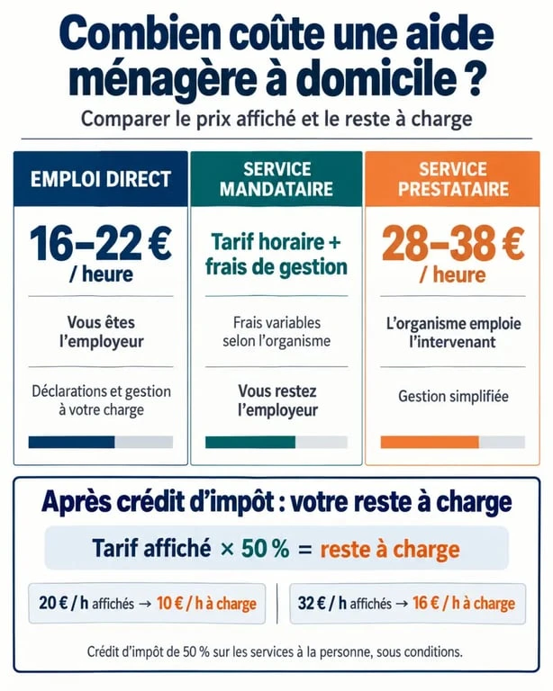 Infographie du tarif d’une aide ménagère à domicile selon le mode d’intervention et le reste à charge