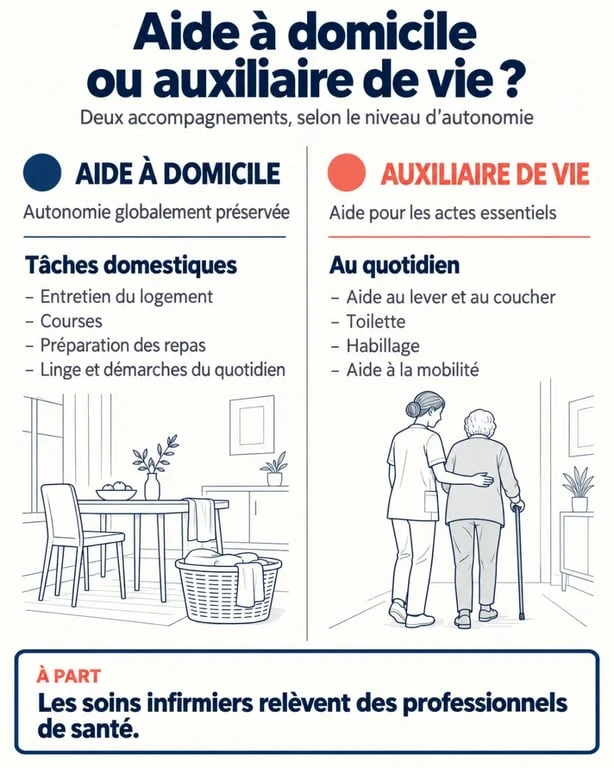 Infographie sur la différence entre aide à domicile et auxiliaire de vie