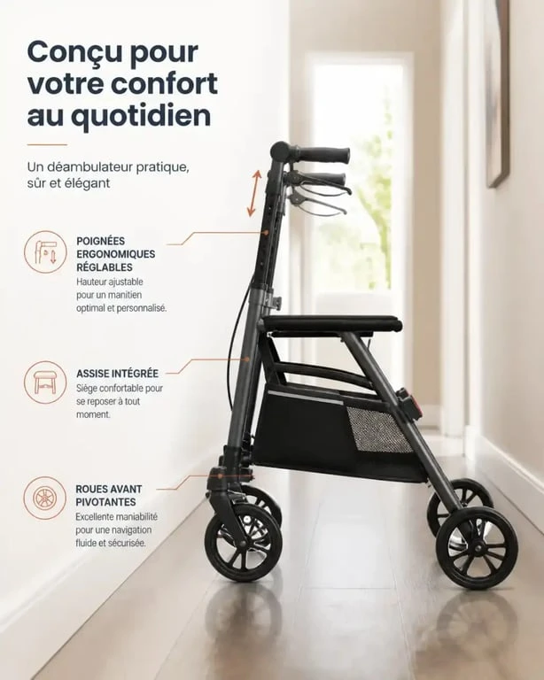 Déambulateur Rollglide ergonomique avec poignées réglables et assise, avis sur son usage au quotidien