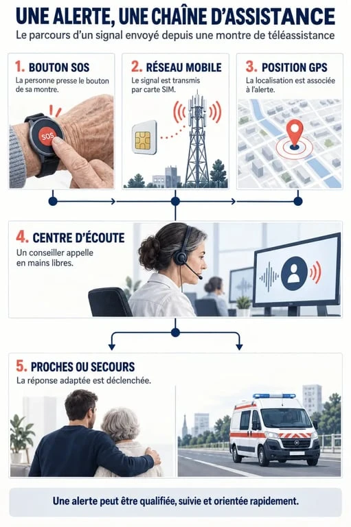 Infographie du fonctionnement d’une montre téléassistance senior et du parcours d’une alerte SOS