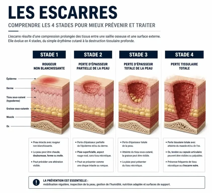Infographie comparative des 4 stades d'escarre, de la rougeur superficielle à l'escarre de stade 4 avec exposition osseuse.