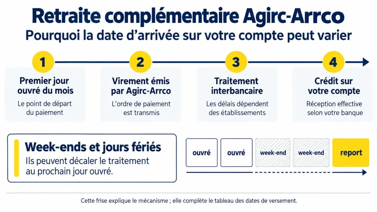 Infographie sur les dates des versements retraite complémentaire Agirc-Arrco et le délai entre mise en paiement et crédit bancaire