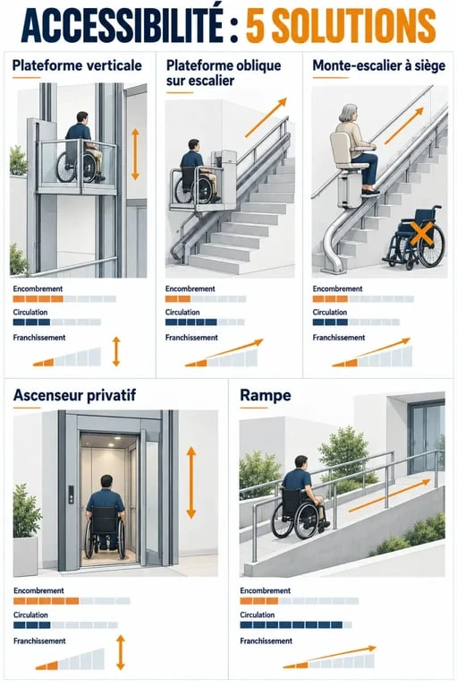Élévateur PMR et solutions d’accessibilité comparés : plateforme verticale, plateforme oblique, monte-escalier, ascenseur privatif et rampe