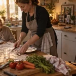 assistant de vie au famille aide à l’autonomie à table, cuisine lumineuse