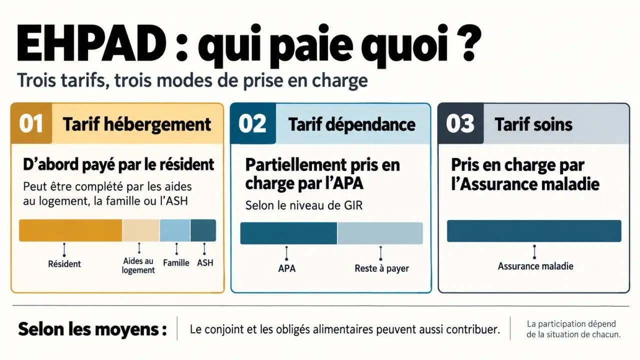 Infographie expliquant qui paie la maison de retraite entre résident, famille, APA, ASH et Assurance maladie
