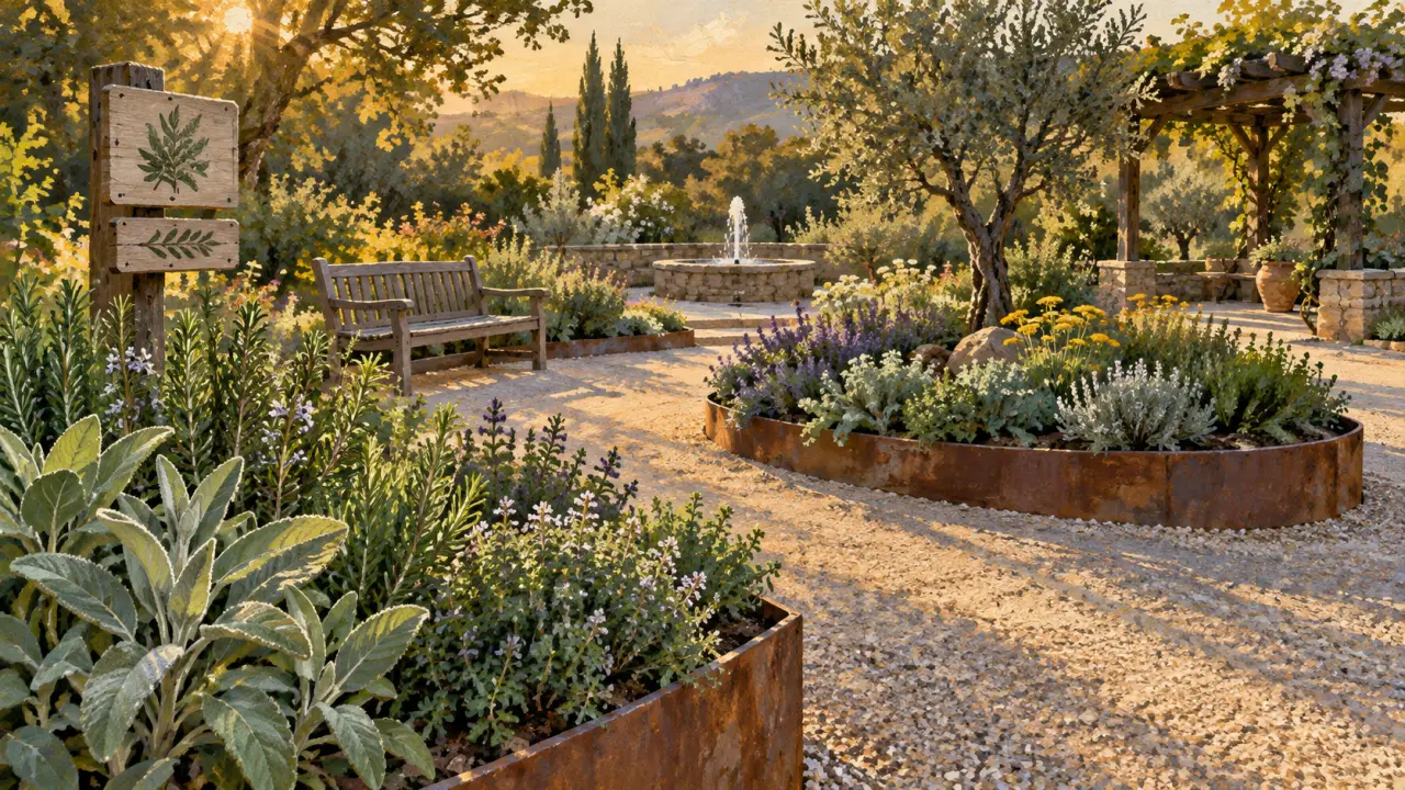 Jardin thérapeutique apaisant avec allée circulaire et aromatiques
