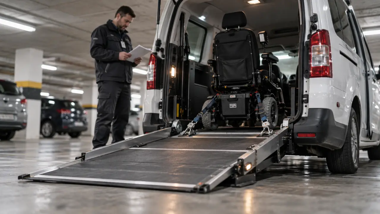 Voiture pmr handicapé TPMR : rampe motorisée et fauteuil roulant